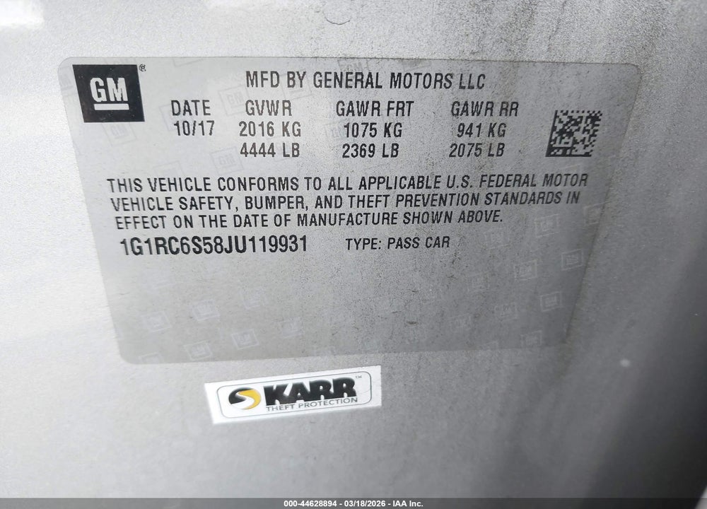 2018 CHEVROLET VOLT LT VIN: 1G1RC6S58JU119931