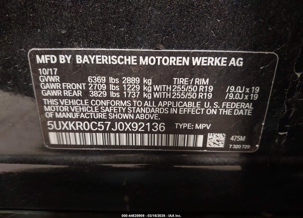 2018 BMW X5 XDRIVE35I VIN: 5UXKR0C57J0X92136