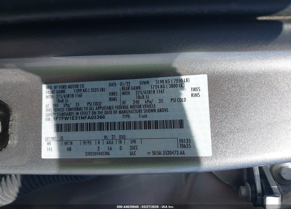 2022 FORD F-150 LARIAT VIN: 1FTFW1E51NFA03366