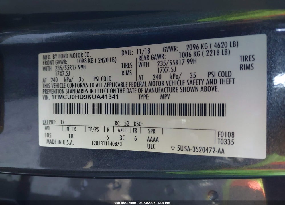 2019 FORD ESCAPE SEL VIN: 1FMCU0HD9KUA41341