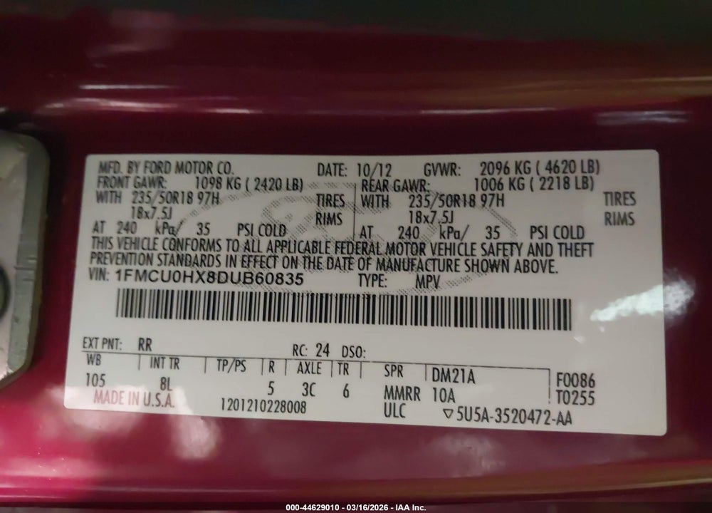 2013 FORD ESCAPE SEL VIN: 1FMCU0HX8DUB60835