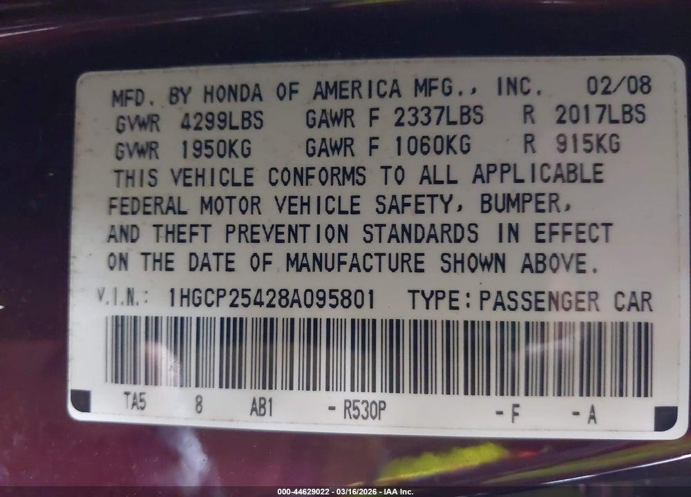 2008 HONDA ACCORD 2.4 LX-P VIN: 1HGCP25428A095801