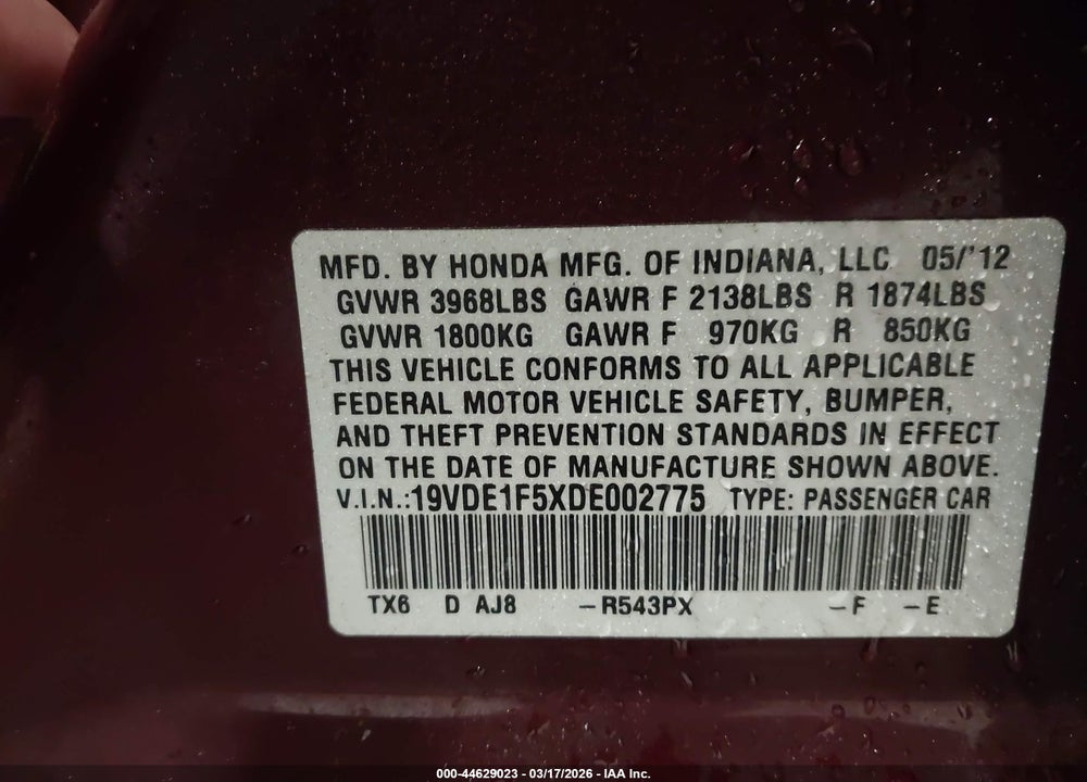 2013 ACURA ILX 2.0L VIN: 19VDE1F5XDE002775