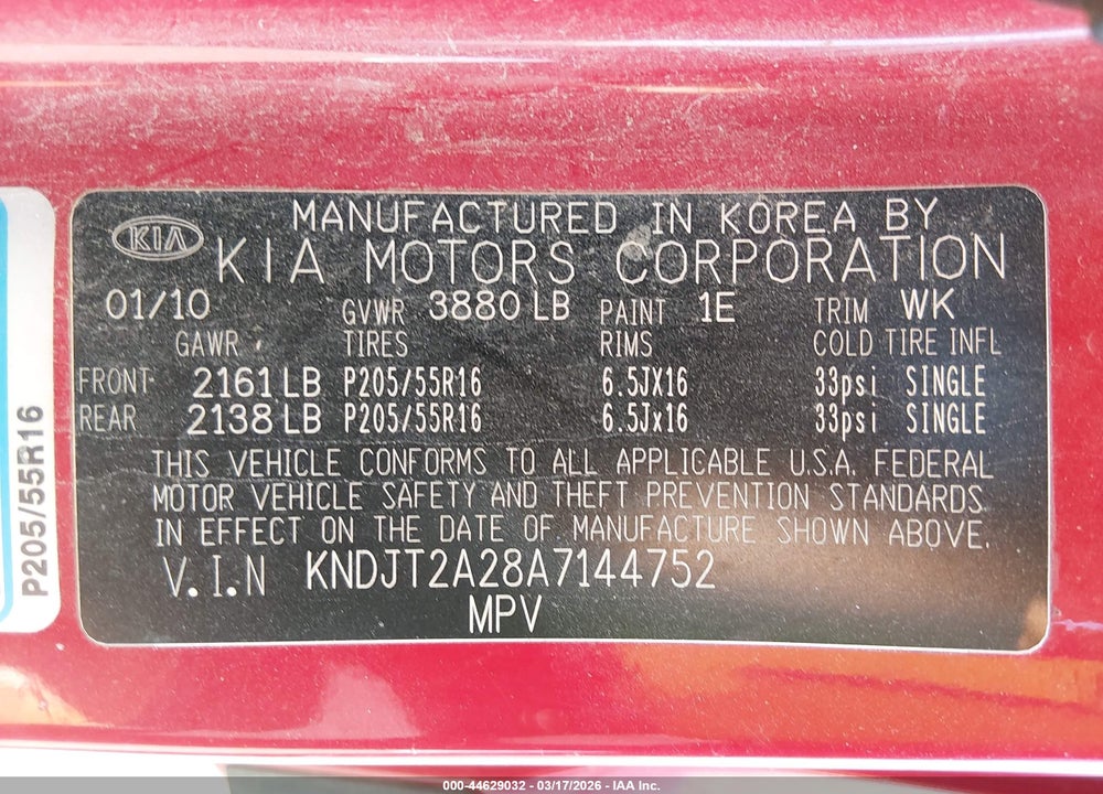 2010 KIA SOUL + VIN: KNDJT2A28A7144752