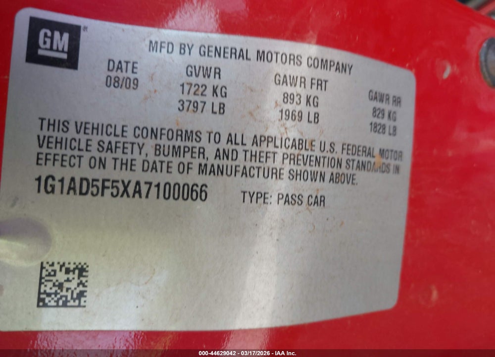 2010 CHEVROLET COBALT LT VIN: 1G1AD5F5XA7100066