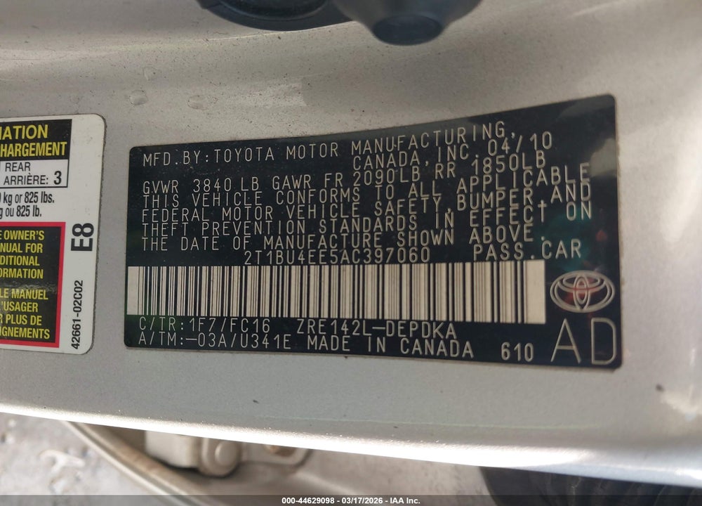 2010 TOYOTA COROLLA LE VIN: 2T1BU4EE5AC397060