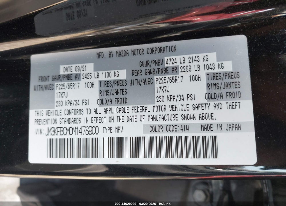 2021 MAZDA CX-5 TOURING VIN: JM3KFBCM0M1478900