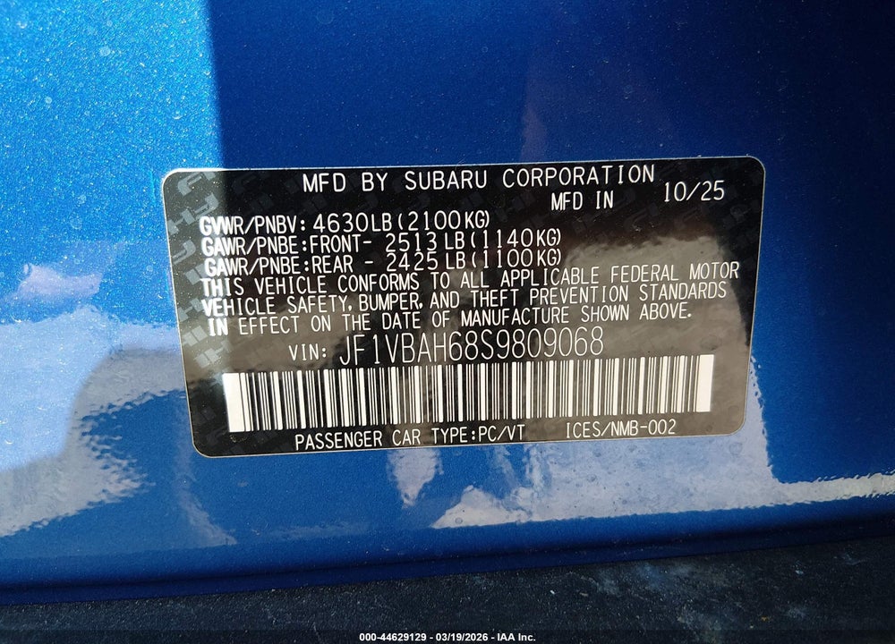 2025 SUBARU WRX PREMIUM VIN: JF1VBAH68S9809068