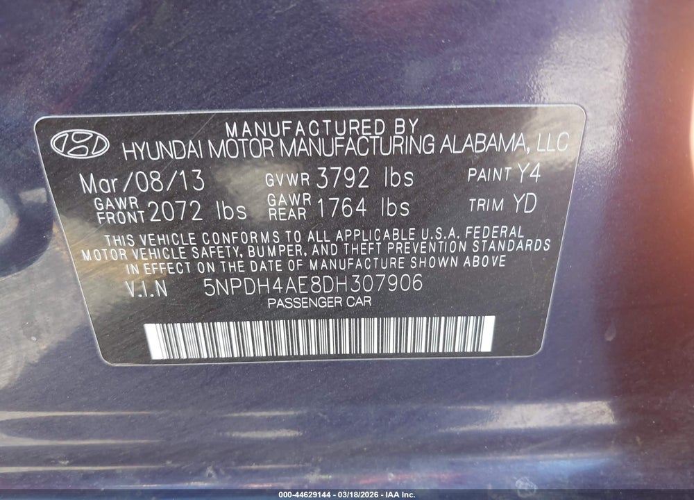 2013 HYUNDAI ELANTRA GLS VIN: 5NPDH4AE8DH307906