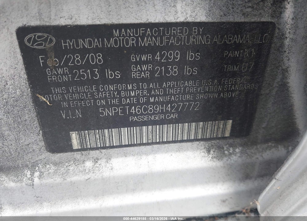 2009 HYUNDAI SONATA GLS VIN: 5NPET46C89H427772