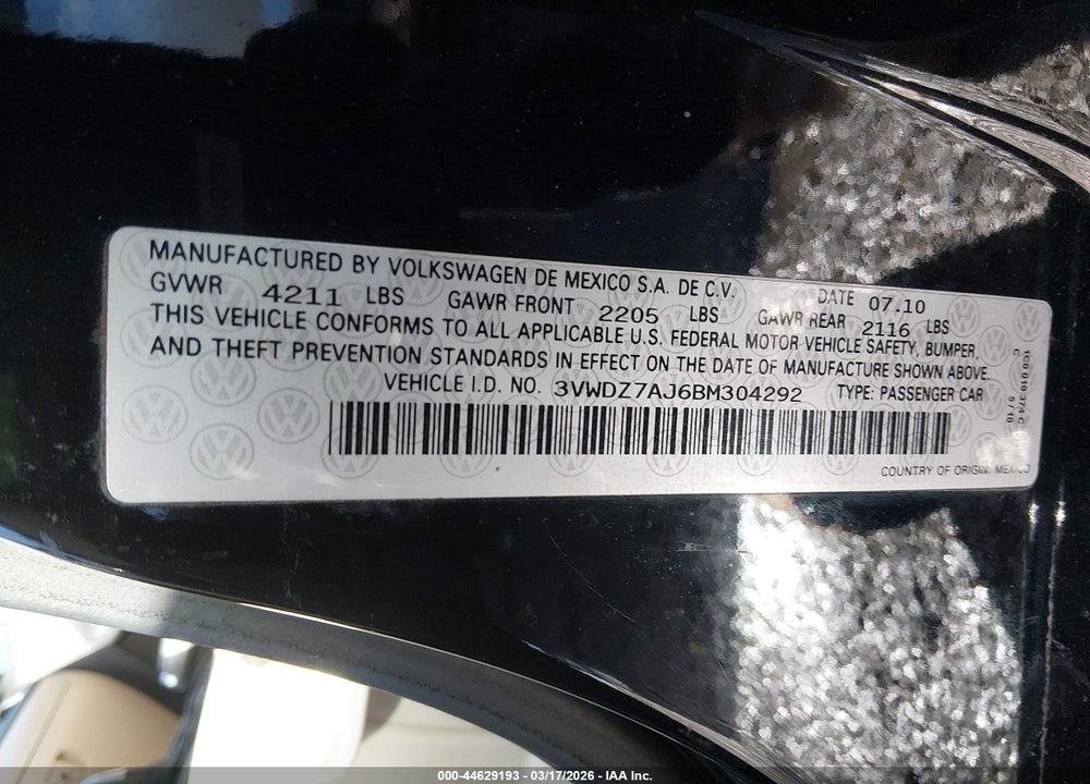 2011 VOLKSWAGEN JETTA 2.5L SE VIN: 3VWDZ7AJ6BM304292
