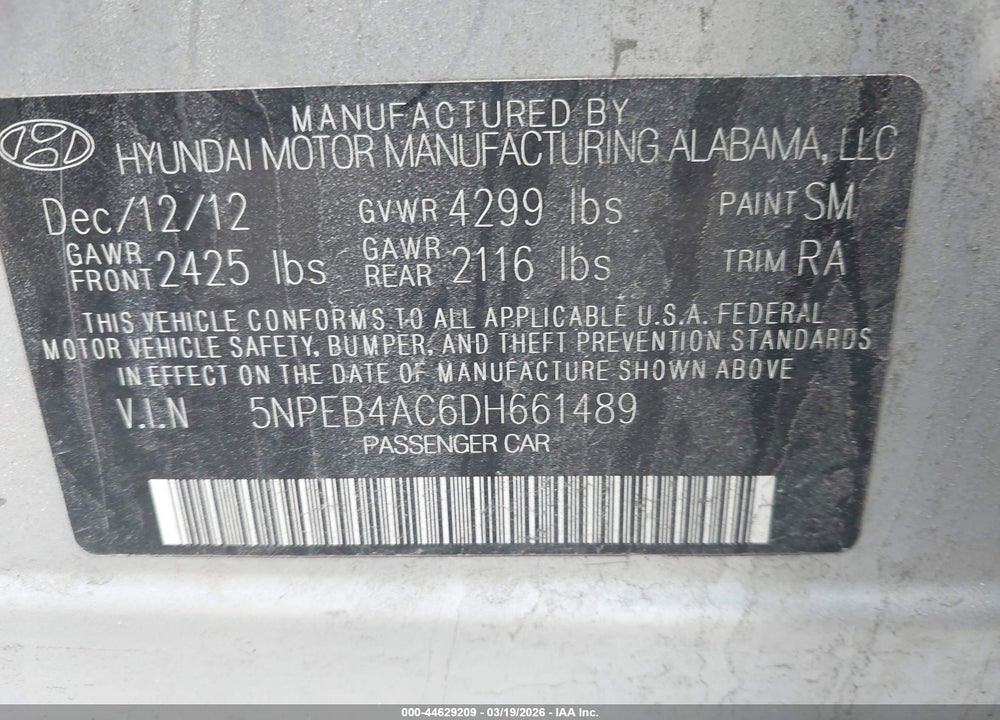2013 HYUNDAI SONATA GLS VIN: 5NPEB4AC6DH661489