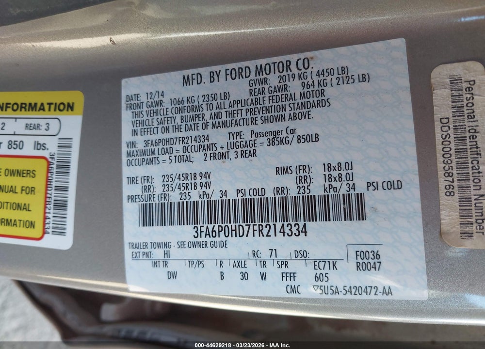 2015 FORD FUSION SE VIN: 3FA6P0HD7FR214334