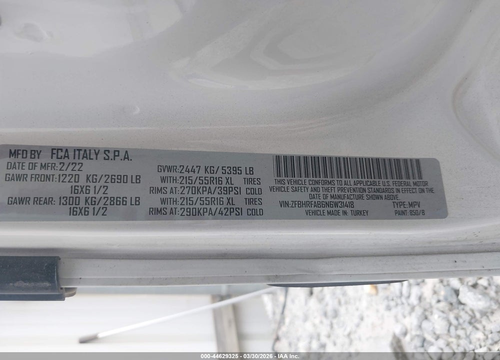 2022 RAM PROMASTER CITY CARGO VAN VIN: ZFBHRFAB6N6W31418