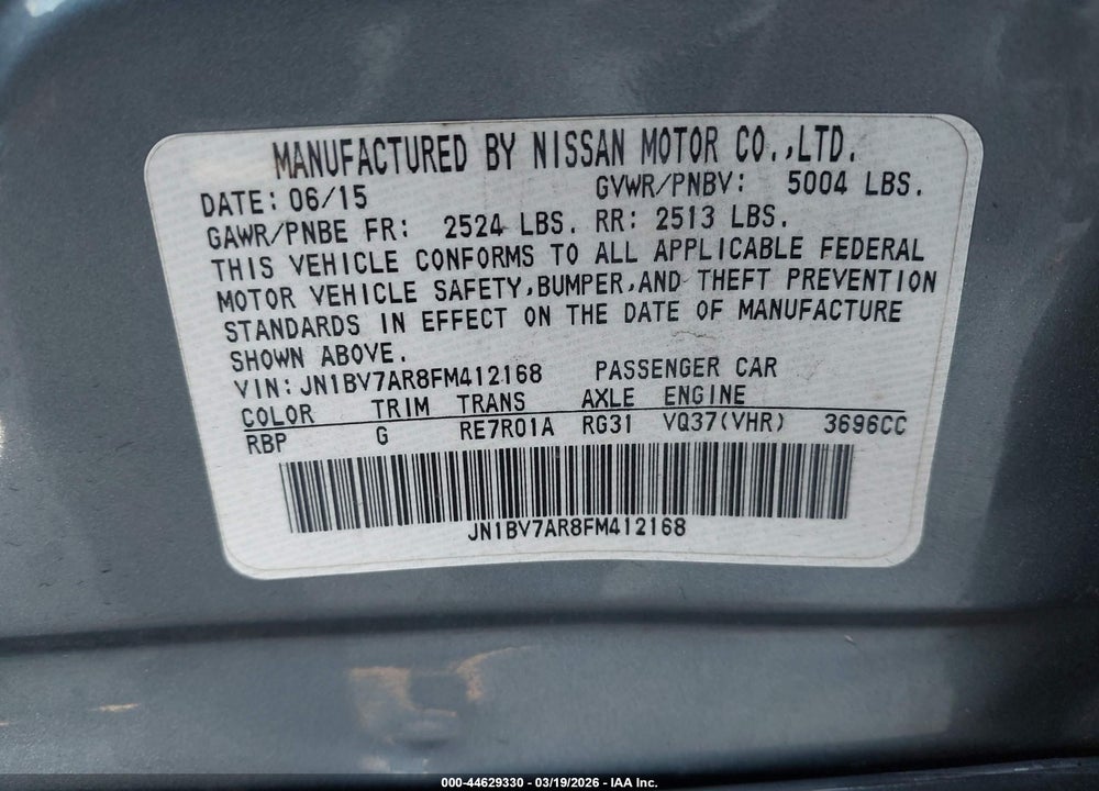 2015 INFINITI Q50 PREMIUM VIN: JN1BV7AR8FM412168