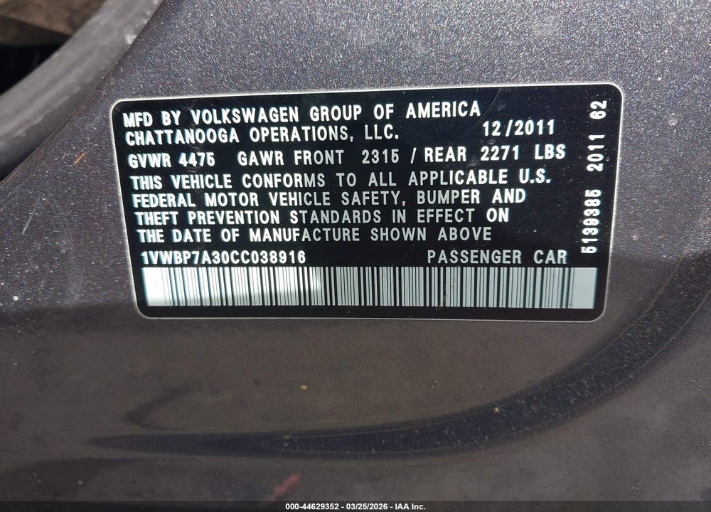 2012 VOLKSWAGEN PASSAT 2.5L SE VIN: 1VWBP7A30CC038916