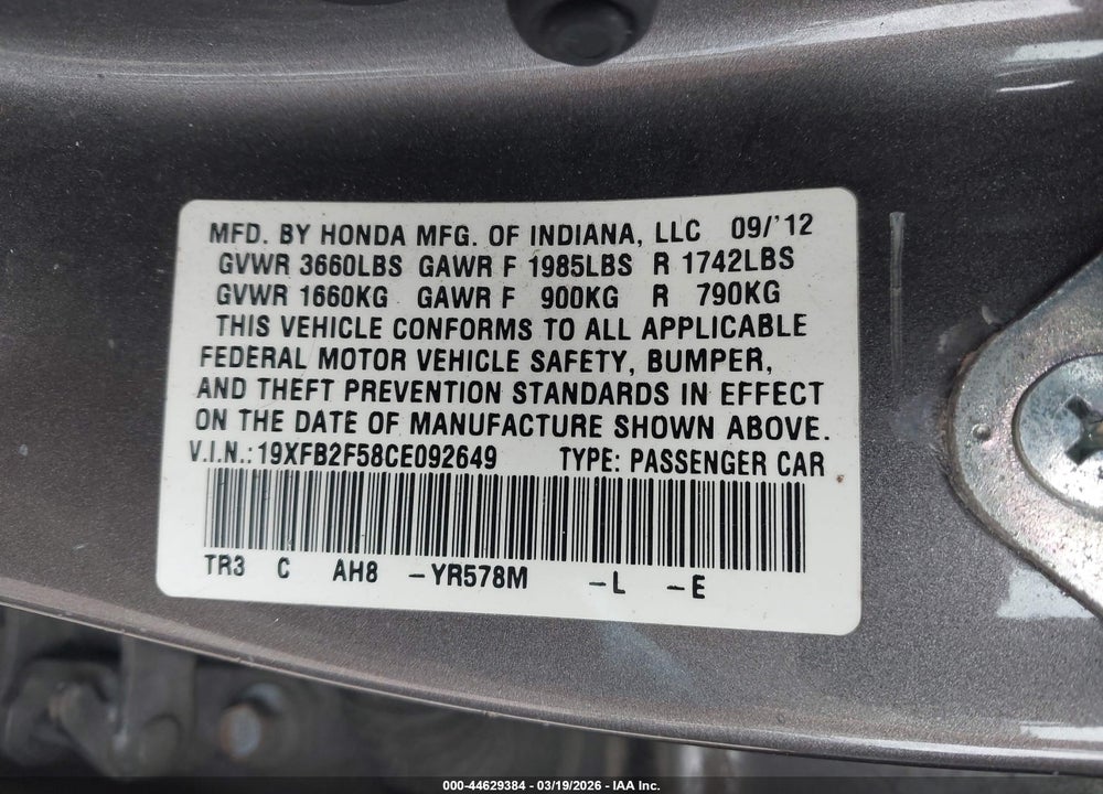 2012 HONDA CIVIC LX VIN: 19XFB2F58CE092649