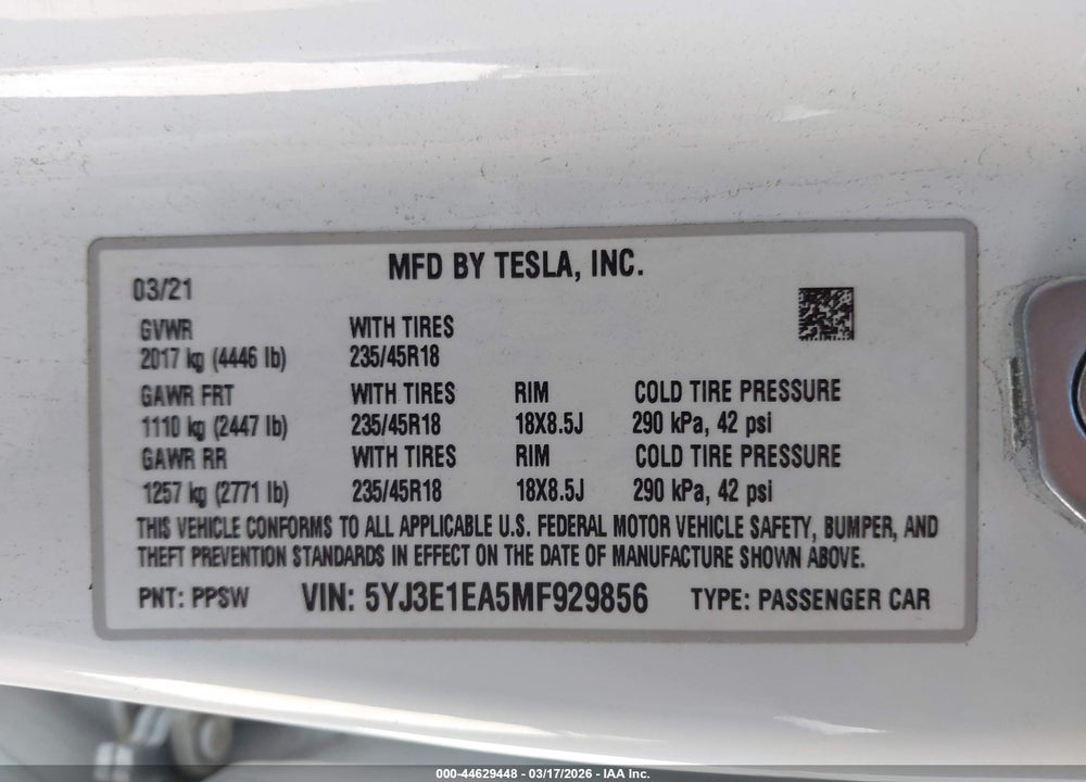 2021 TESLA MODEL 3 STANDARD RANGE PLUS REAR-WHEEL DRIVE VIN: 5YJ3E1EA5MF929856
