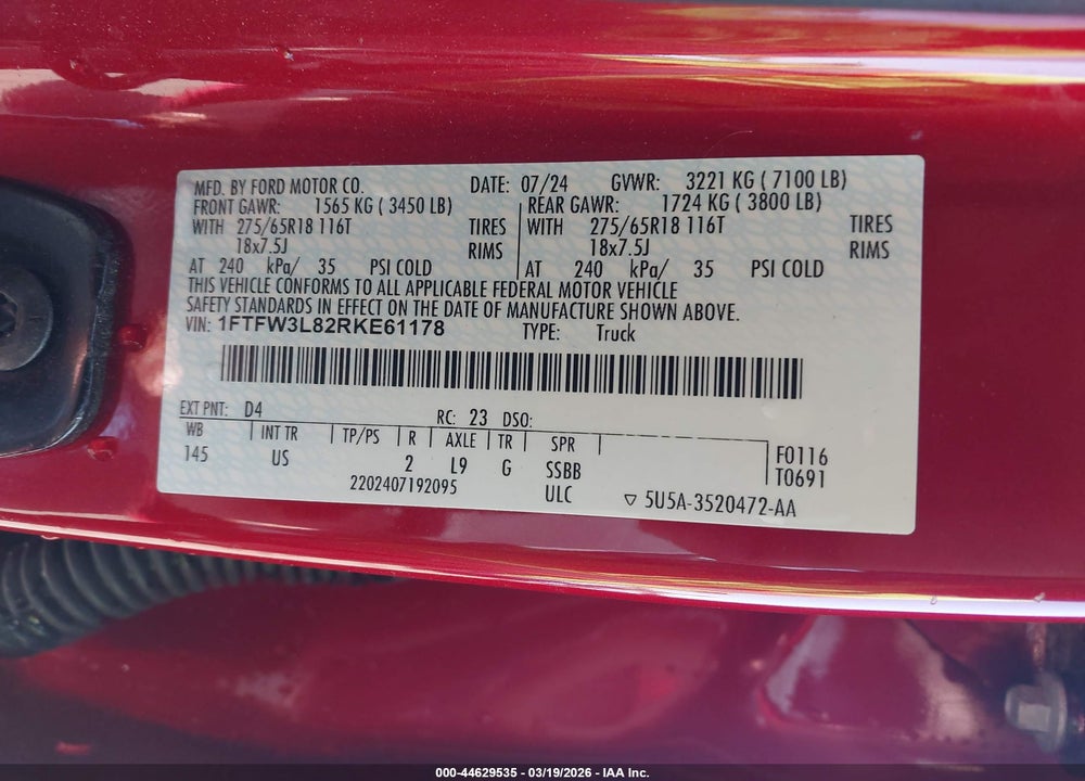 2024 FORD F-150 XLT VIN: 1FTFW3L82RKE61178