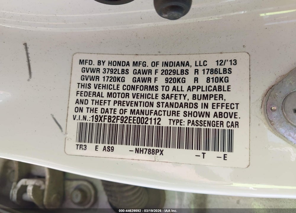 2014 HONDA CIVIC EX-L VIN: 19XFB2F92EE002112