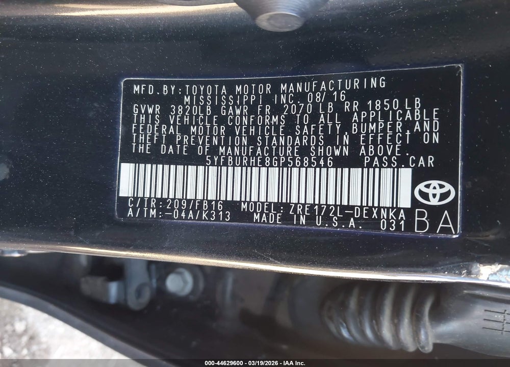 2016 TOYOTA COROLLA LE VIN: 5YFBURHE8GP568546