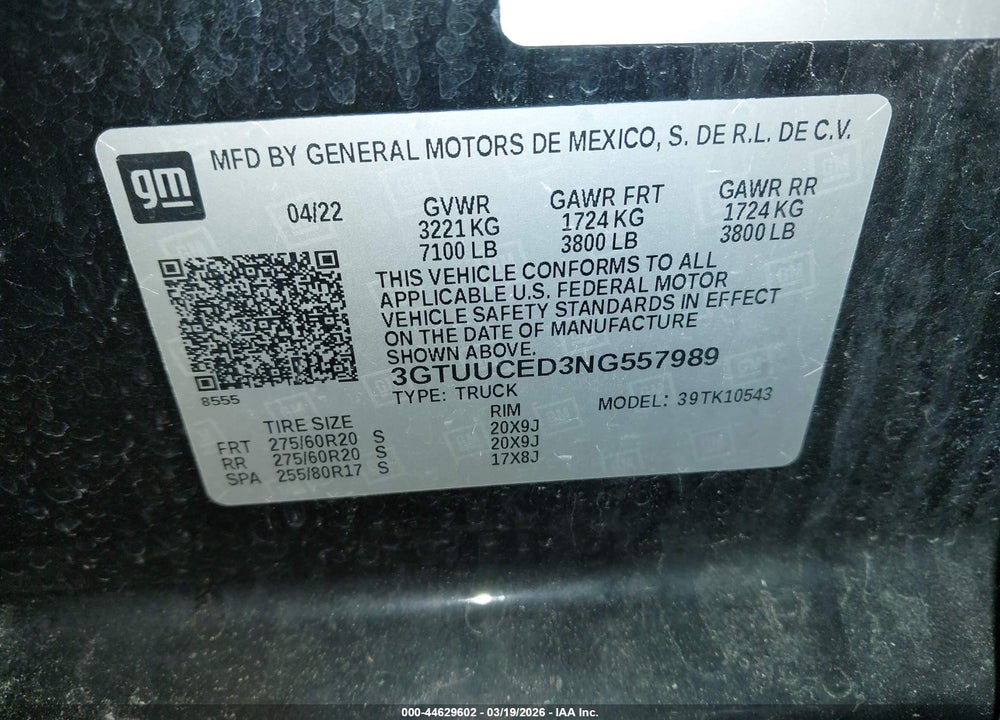 2022 GMC SIERRA 1500 4WD  SHORT BOX ELEVATION VIN: 3GTUUCED3NG557989