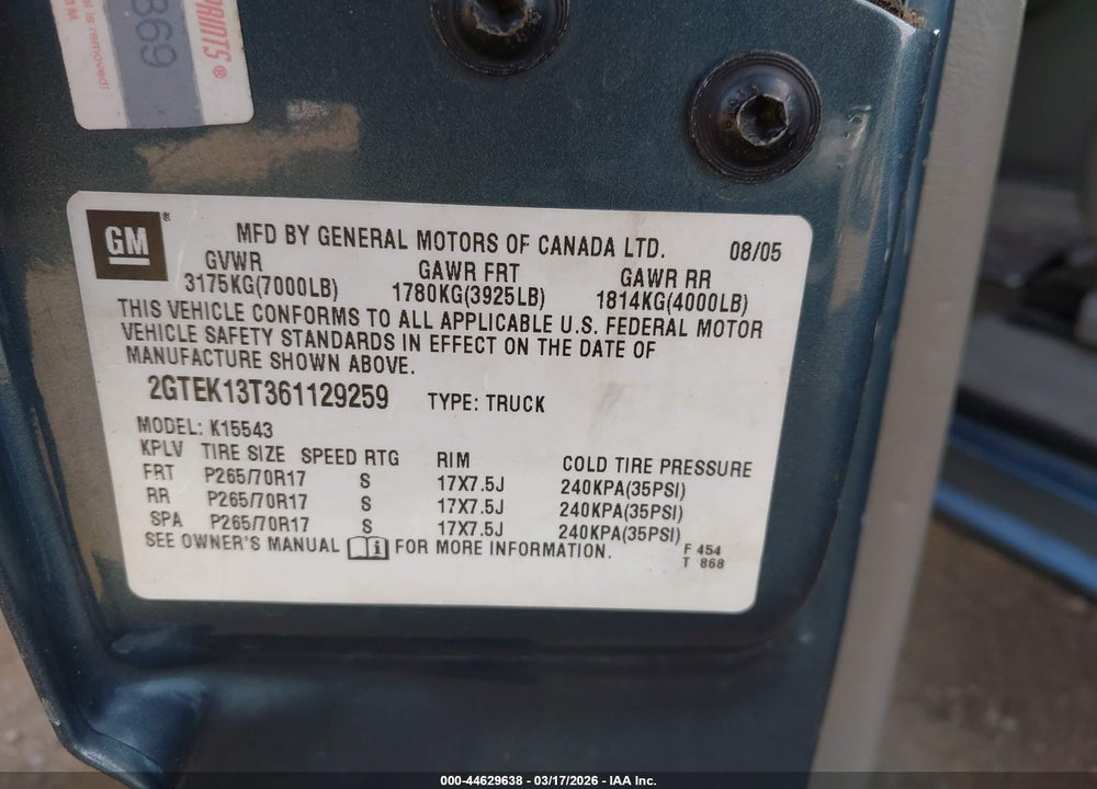 2006 GMC SIERRA 1500 SLE2 VIN: 2GTEK13T361129259
