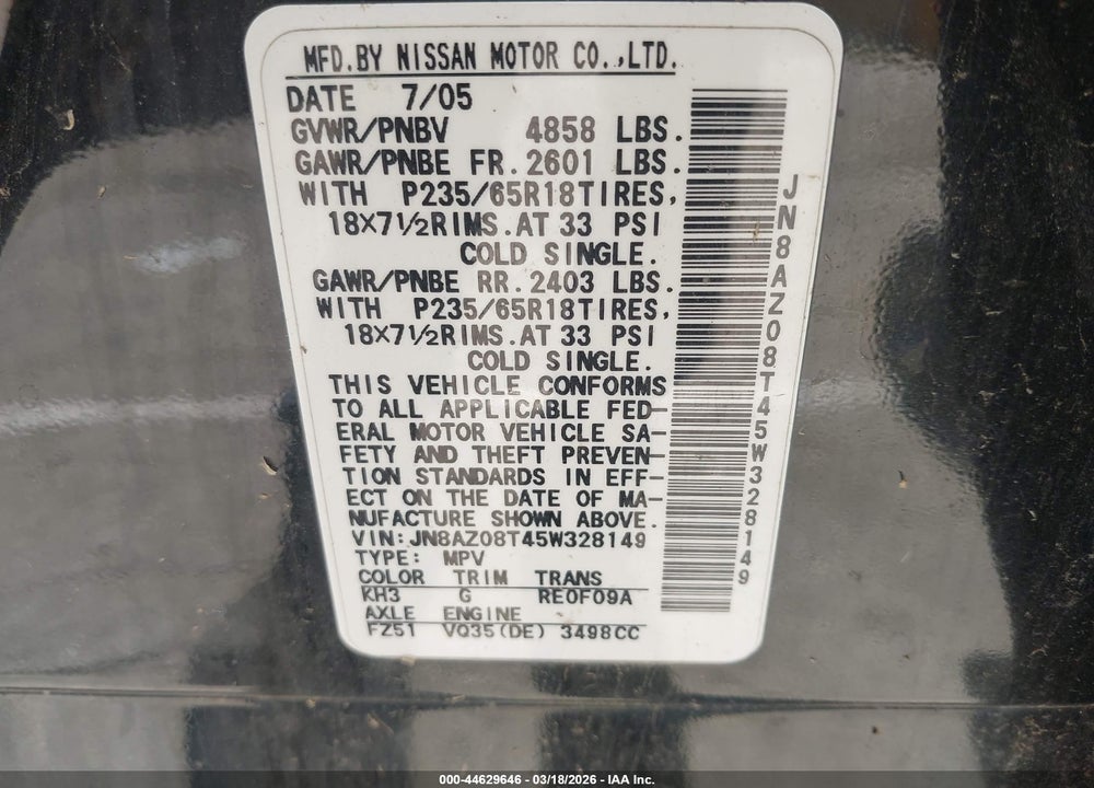 2005 NISSAN MURANO S VIN: JN8AZ08T45W328149