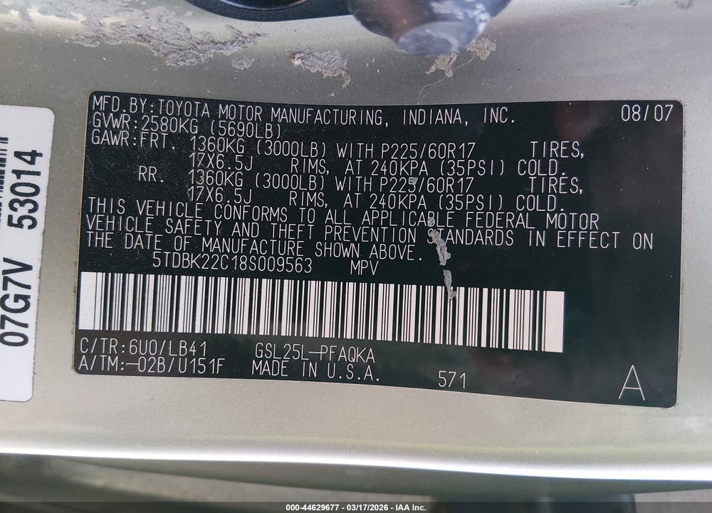 2008 TOYOTA SIENNA XLE VIN: 5TDBK22C18S009563