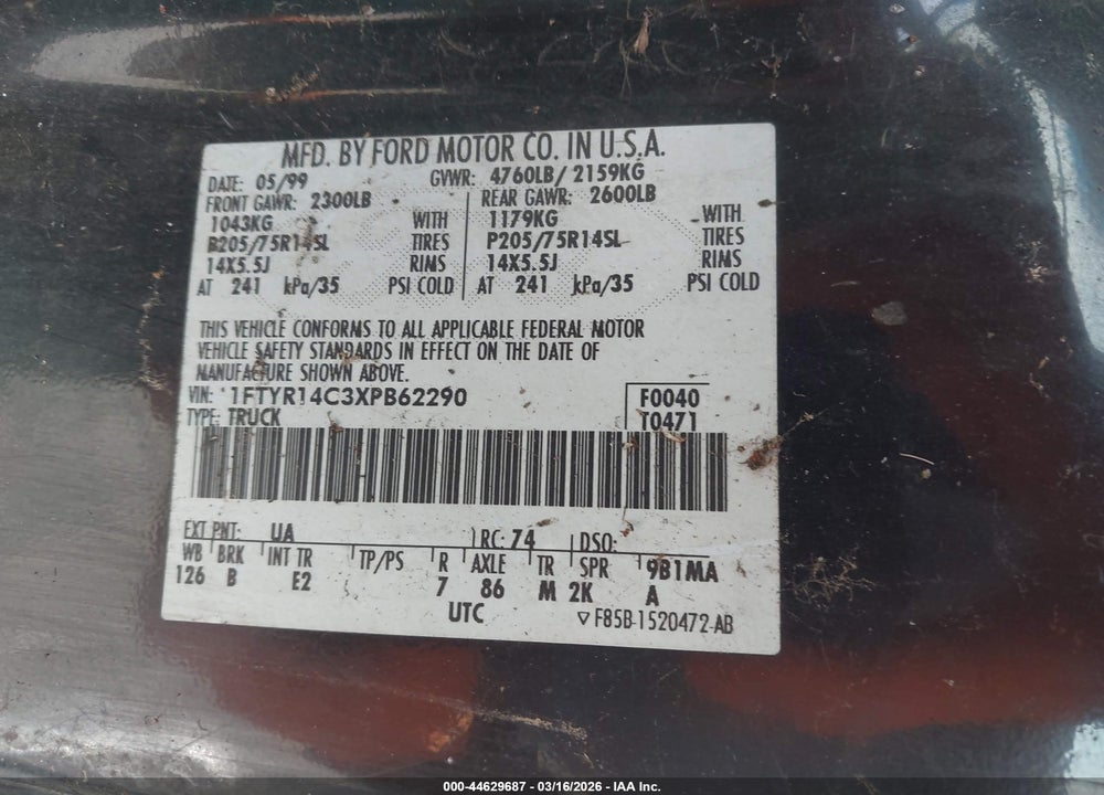 1999 FORD RANGER XL/XLT VIN: 1FTYR14C3XPB62290
