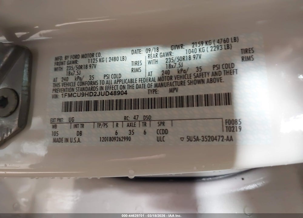 2018 FORD ESCAPE SEL VIN: 1FMCU9HD2JUD48904