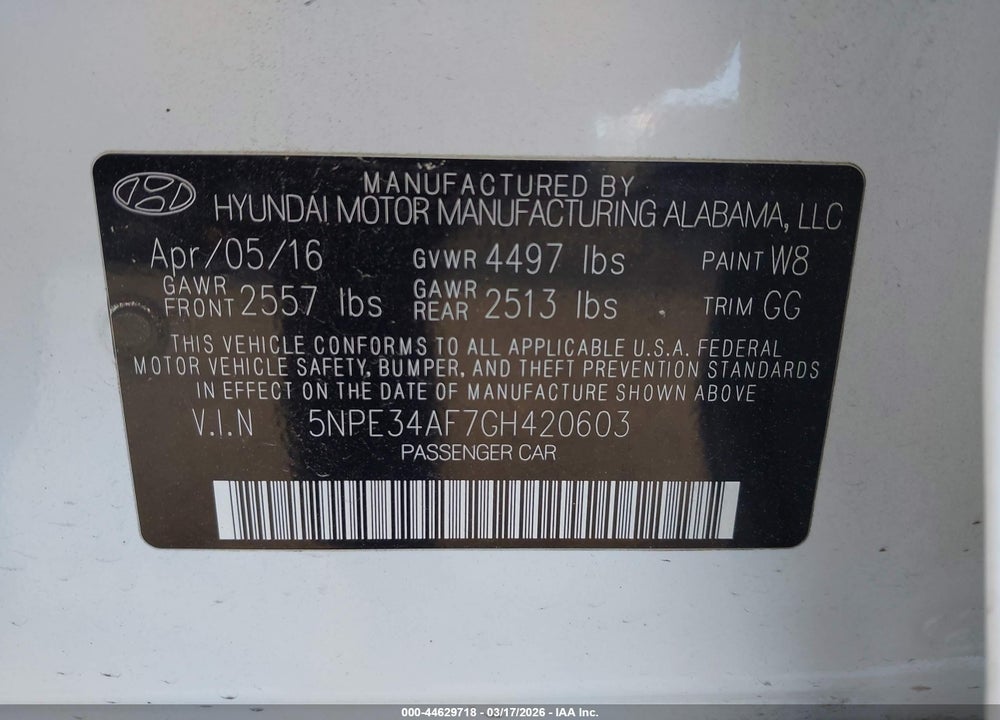2016 HYUNDAI SONATA SPORT VIN: 5NPE34AF7GH420603