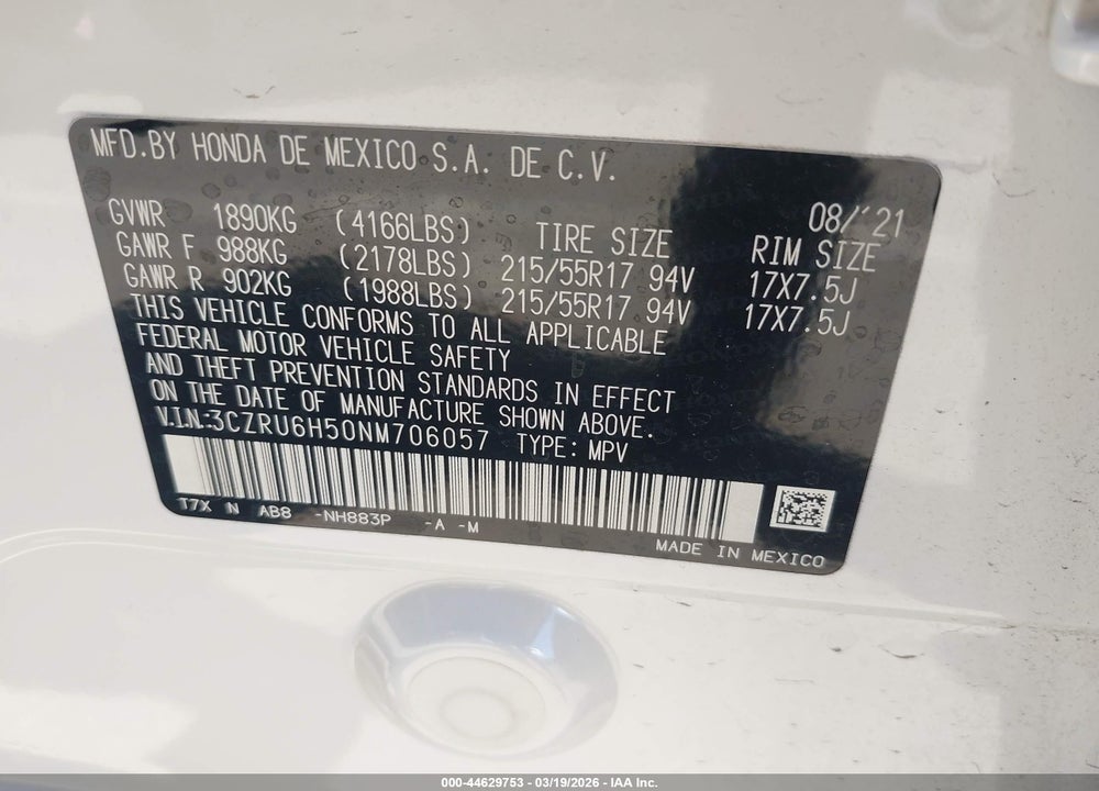 2022 HONDA HR-V AWD EX VIN: 3CZRU6H50NM706057