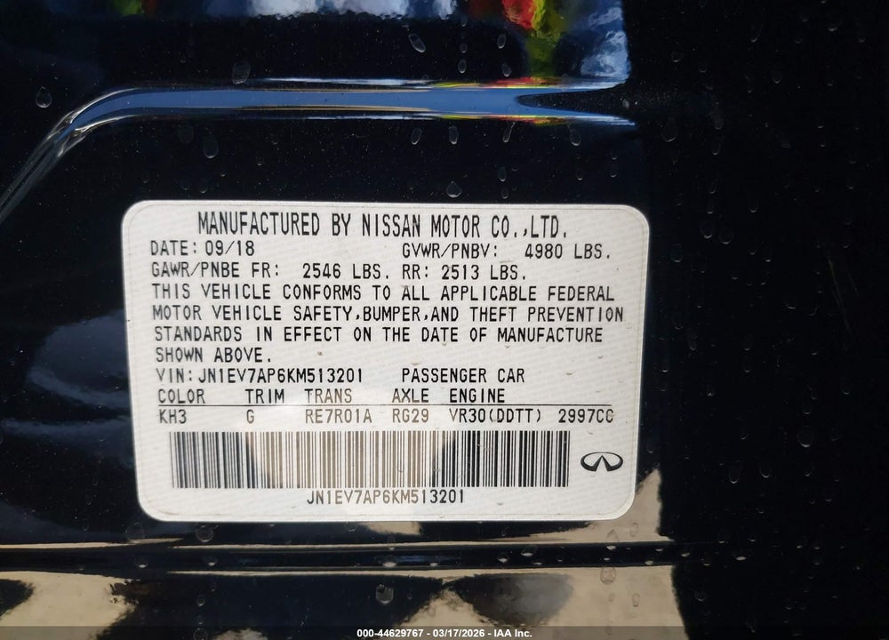 2019 INFINITI Q50 3.0T LUXE VIN: JN1EV7AP6KM513201