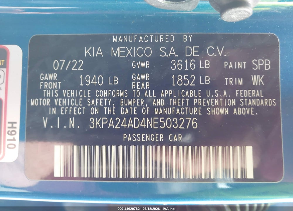2022 KIA RIO S VIN: 3KPA24AD4NE503276