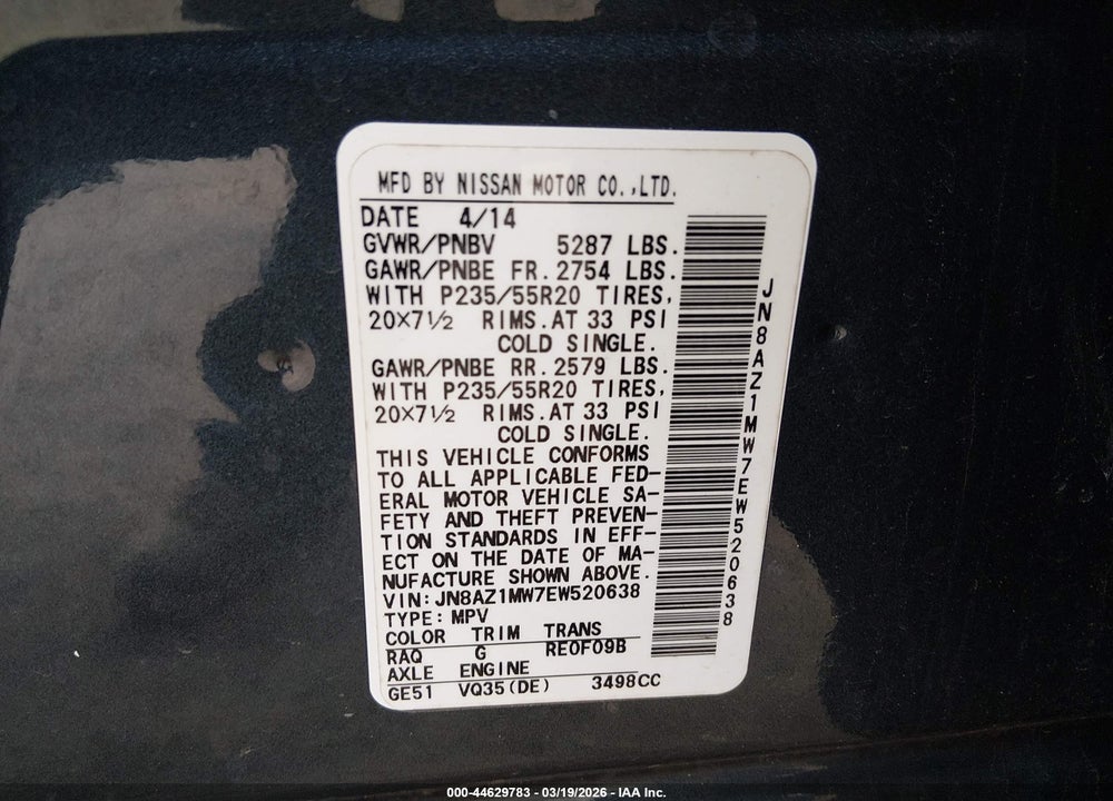 2014 NISSAN MURANO LE VIN: JN8AZ1MW7EW520638