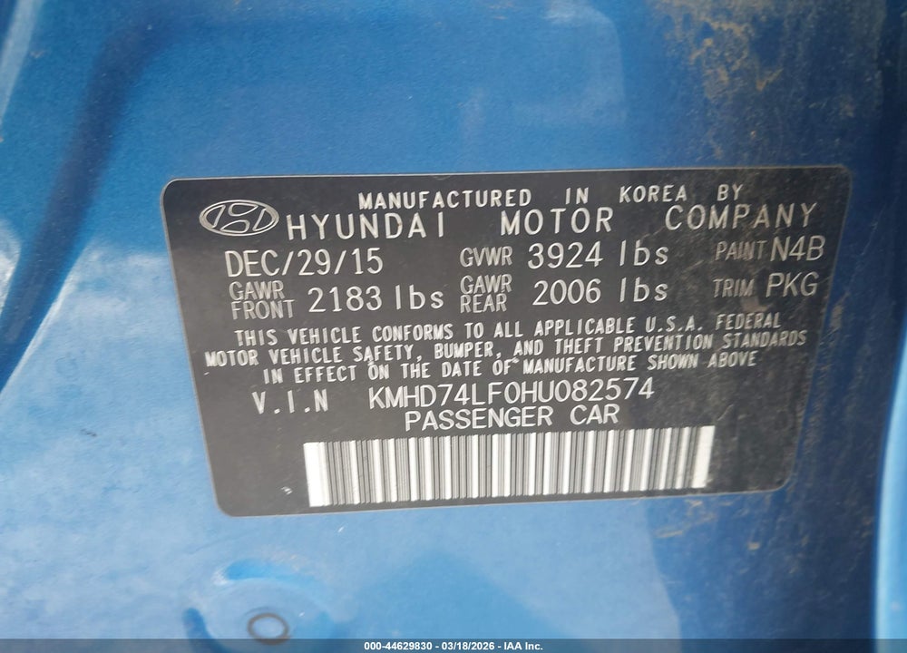 2017 HYUNDAI ELANTRA SE VIN: KMHD74LF0HU082574