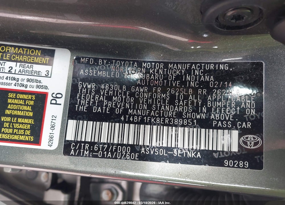 2014 TOYOTA CAMRY LE VIN: 4T4BF1FK8ER389851