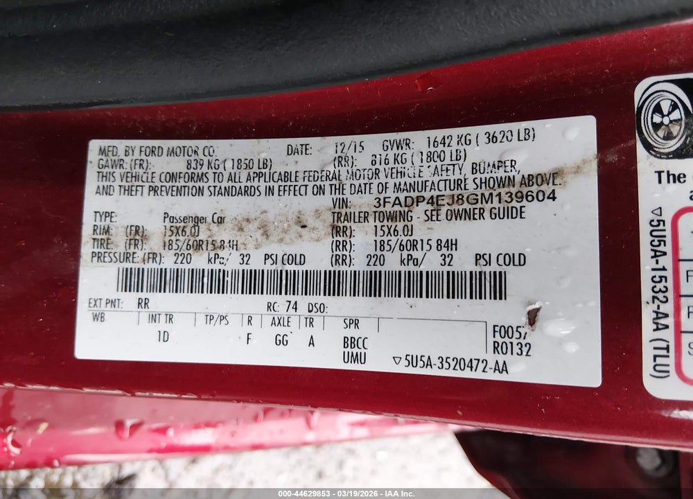2016 FORD FIESTA SE VIN: 3FADP4EJ8GM139604