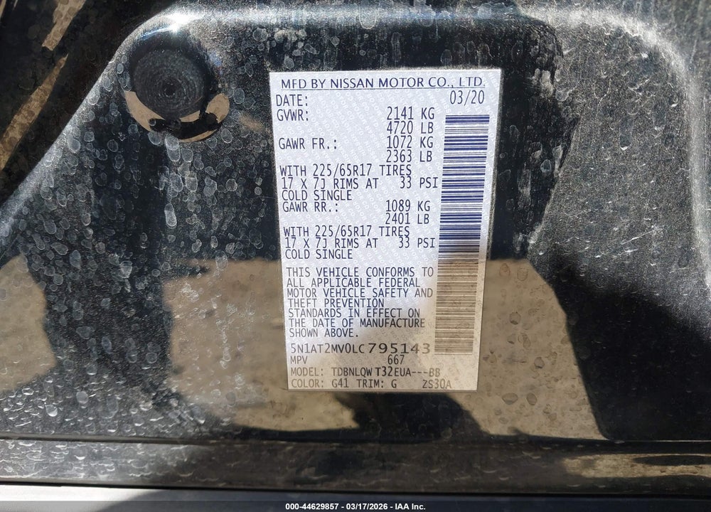 2020 NISSAN ROGUE SV INTELLIGENT AWD VIN: 5N1AT2MV0LC795143