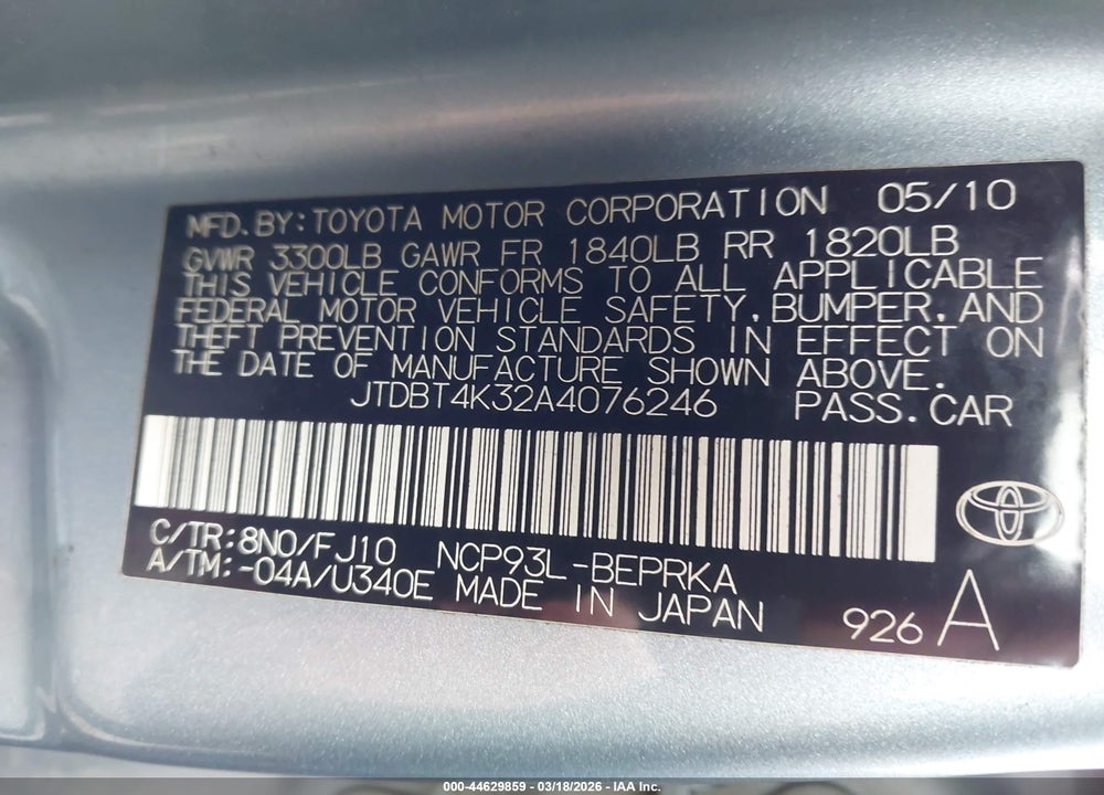 2010 TOYOTA YARIS VIN: JTDBT4K32A4076246