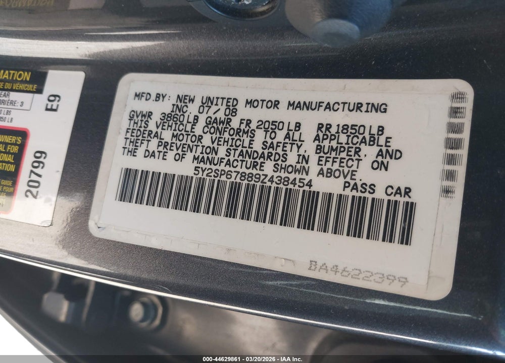 2009 PONTIAC VIBE VIN: 5Y2SP67889Z438454