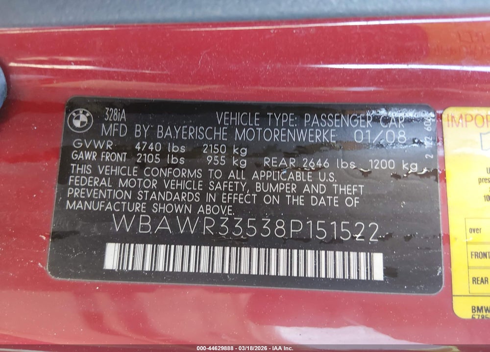 2008 BMW 328I VIN: WBAWR33538P151522