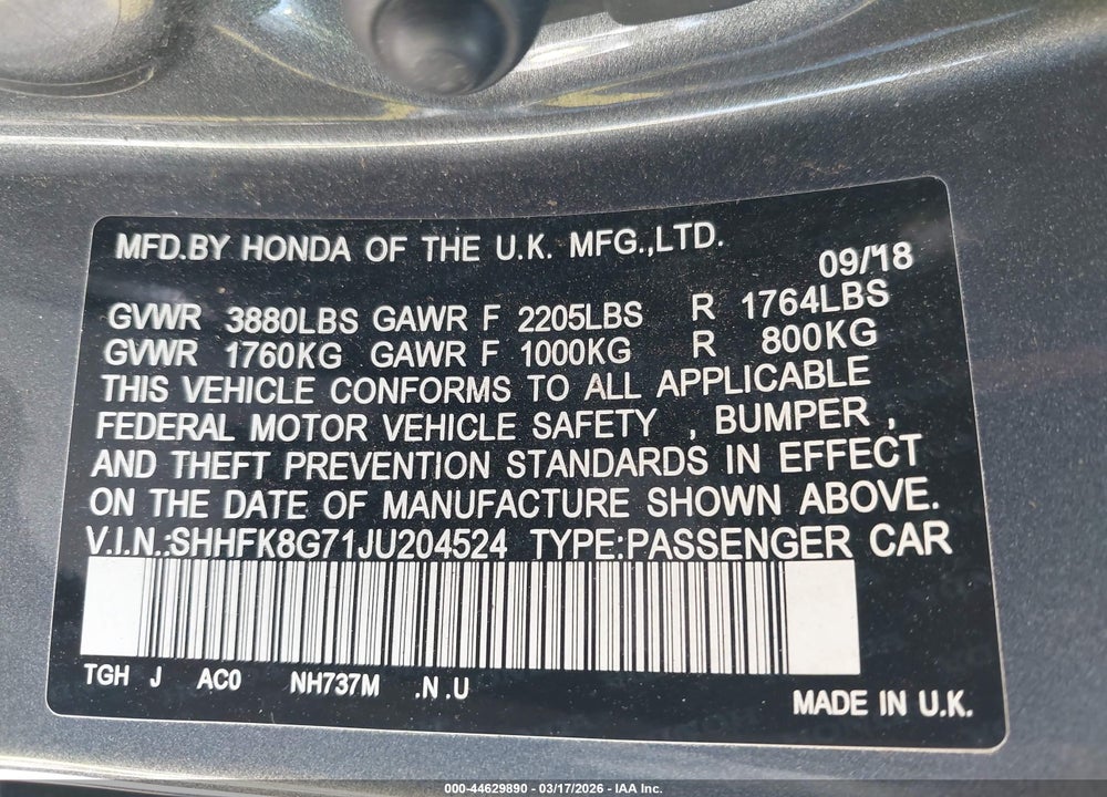 2018 HONDA CIVIC TYPE R TOURING VIN: SHHFK8G71JU204524