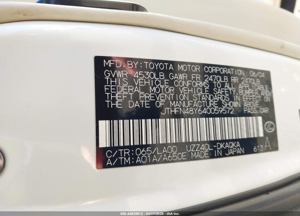 2004 LEXUS SC 430 VIN: JTHFN48Y640059572