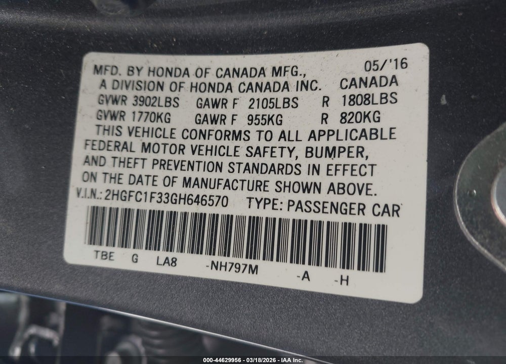 2016 HONDA CIVIC EX-T VIN: 2HGFC1F33GH646570