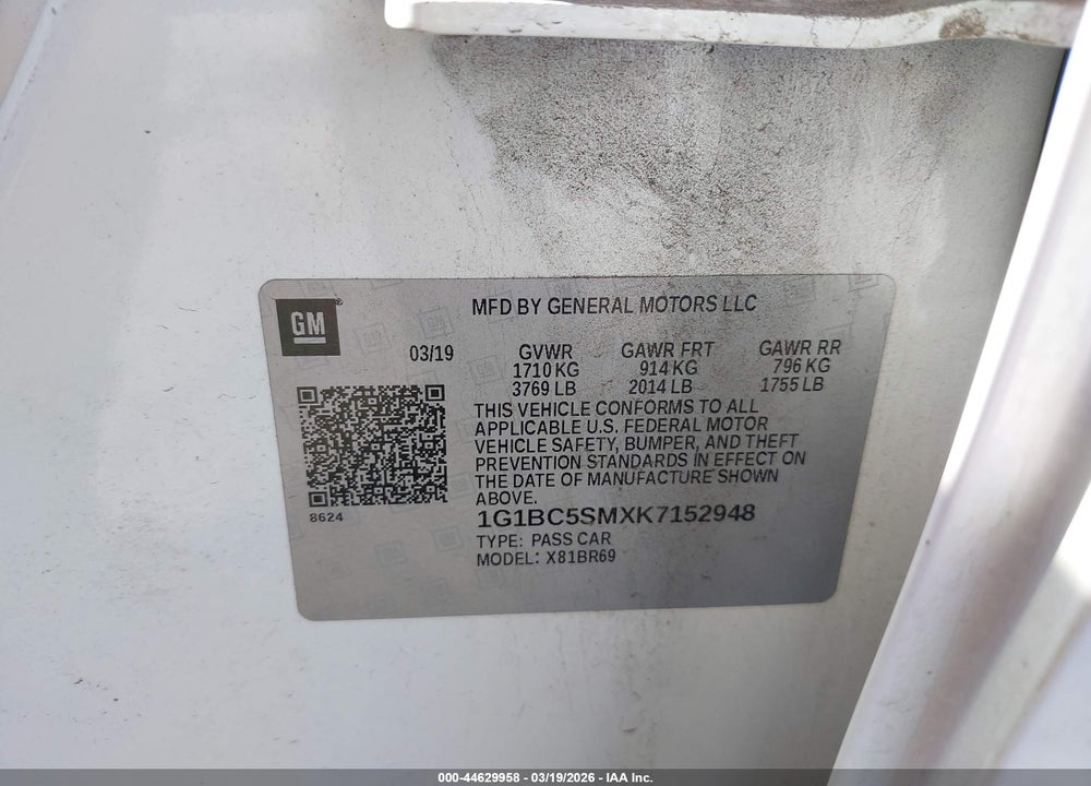 2019 CHEVROLET CRUZE LS VIN: 1G1BC5SMXK7152948