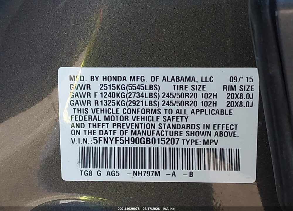 2016 HONDA PILOT TOURING VIN: 5FNYF5H90GB015207