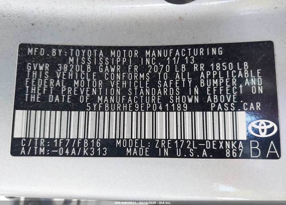 2014 TOYOTA COROLLA LE VIN: 5YFBURHE9EP041189