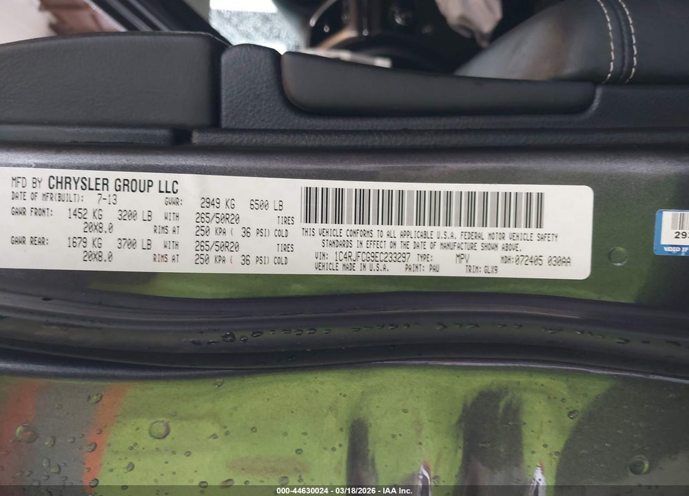 2014 JEEP GRAND CHEROKEE OVERLAND VIN: 1C4RJFCG9EC233297